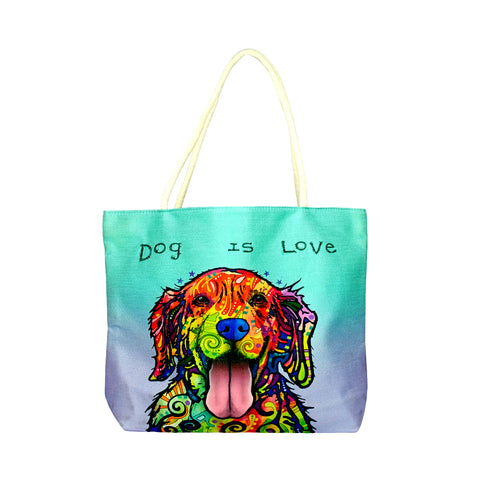 Techno Jute “Dog Is Love” Tote Bag – 15" Eco - Friendly Canvas Shopping Bag with Colorful Art
