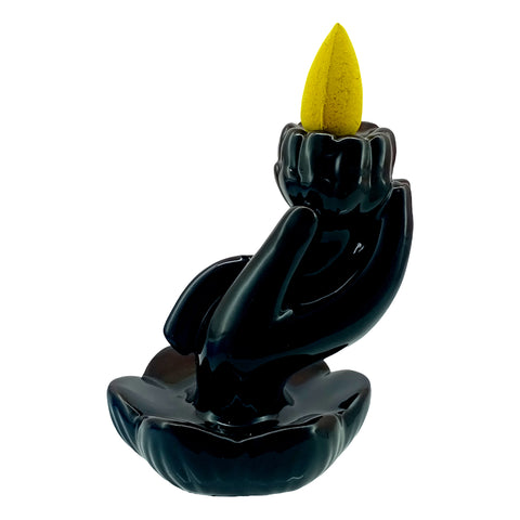Lotus in Hand Black Ceramic Backflow Incense Burner – 3.5 Inch