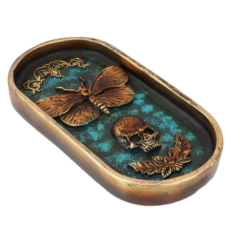 Moth and Skull Incense Burner – 6.5 x 3.5 Inch Hand-Painted Cold Cast Resin Holder