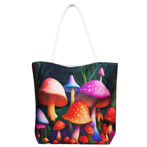 Garden of Mushrooms Jute Tote Bag – 17 x 15 x 4.5 Inch | Eco-Friendly Durable Shopping Shoulder Bag