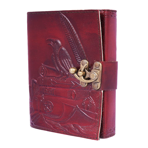 Raven on Books Design Embossed Leather Journal , 5x7 Inch Handmade Notebook