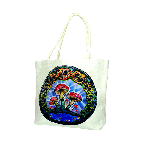 DuBois Mushrooms Design Jute Rope Handled Tote Bag – 16" x 15" x 5" Eco-Friendly Canvas Shopping Bag