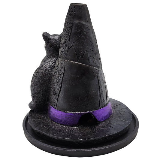 Witch’s Hat with Cat Incense Burner – Hand-Painted Cold Cast Resin Cat Figurine Incense Holder 4 1/2 inches tall