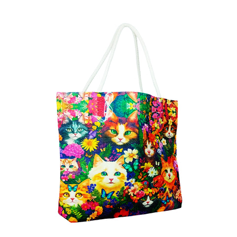 Flower Kitties Jute Tote Bag – 17 x 15 x 4.5 Inch Eco-Friendly Shopping Bag Stylish Cat-Themed Reusable