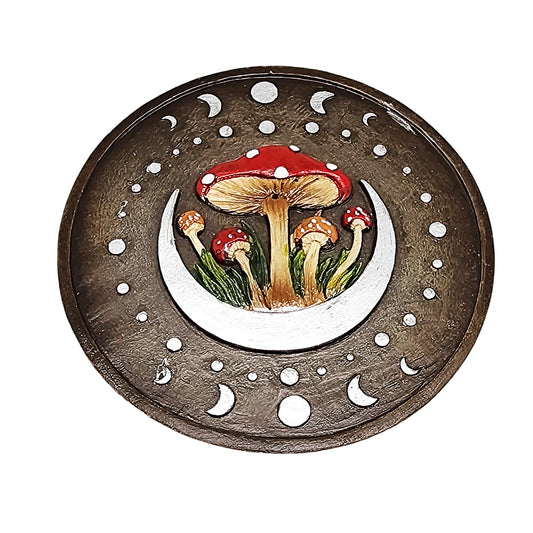 Mushroom & Moon Incense Burner – 5 Inch Round Hand - Painted Resin Holder