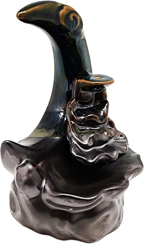 Moon Waterfall Backflow Incense Burner and Stick Holder – Ceramic Crescent Moon Incense Cone and Stick Holder