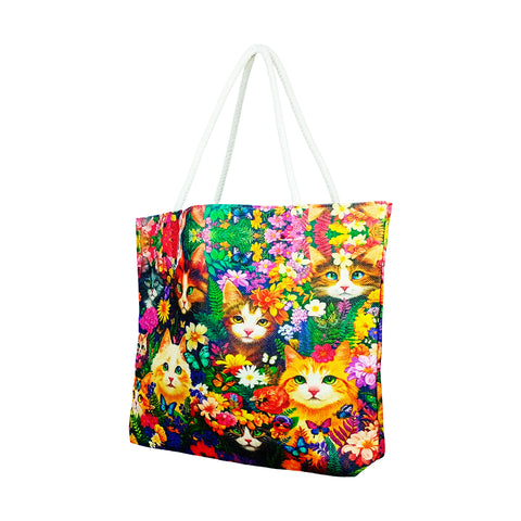 Flower Kitties Jute Tote Bag – 17 x 15 x 4.5 Inch Eco-Friendly Shopping Bag Stylish Cat-Themed Reusable