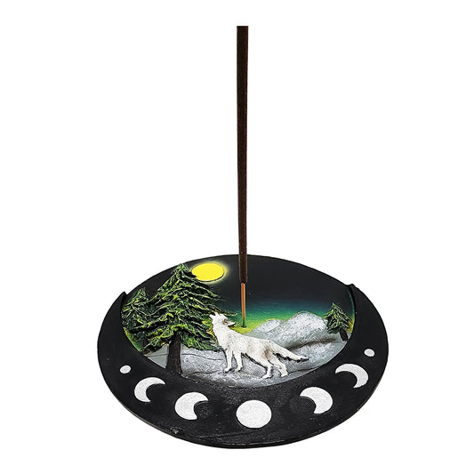 Round Wolf & Moon Incense Burner – 5 Inch Hand - Painted Cold Cast Resin Holder