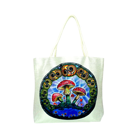 DuBois Mushrooms Design Jute Rope Handled Tote Bag – 16" x 15" x 5" Eco-Friendly Canvas Shopping Bag
