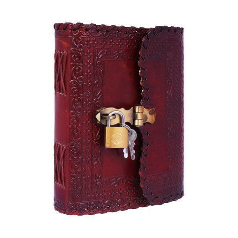 Stitched Lock and Key Embossed Leather Journal – 5 x 7 Inch Multicolor Handmade Leather Notebook with Lock & Key
