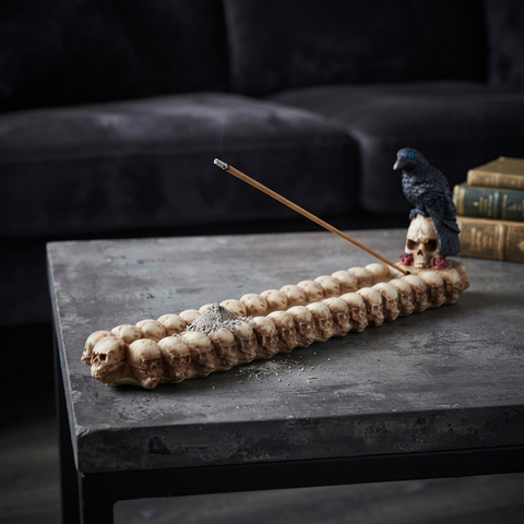 Skull and Raven Incense Burner – 11 Inch Hand-Painted Cold Cast Resin Holder for Stick Incense