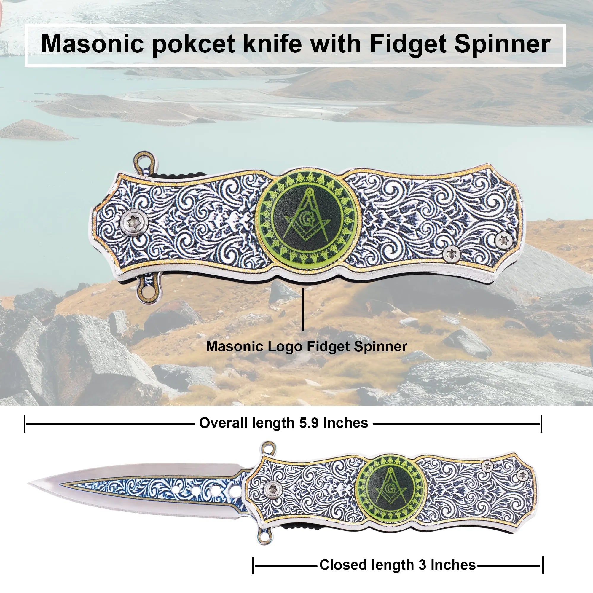 Masonic Folding Knife with Fidget Spinner, Crafted, Durable Tool with Engraved Masonic Emblems for Everyday Use, Ceremonial Purposes, & Collectors – Symbolizing Tradition & Craftsmanship Practical Design (Camo) Trendy Zone 21