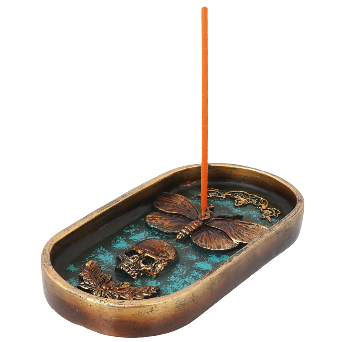 Moth and Skull Incense Burner – 6.5 x 3.5 Inch Hand-Painted Cold Cast Resin Holder