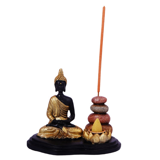 Buddha Incense Burner – 5 x 4.5 Inch Hand-Painted Cold Cast Resin Holder for Stick & Cone Incense