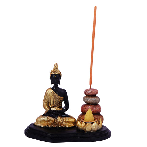 Buddha Incense Burner – 5 x 4.5 Inch Hand-Painted Cold Cast Resin Holder for Stick & Cone Incense