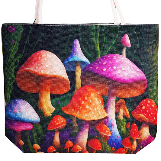 Garden of Mushrooms Jute Tote Bag – 17 x 15 x 4.5 Inch | Eco-Friendly Durable Shopping Shoulder Bag