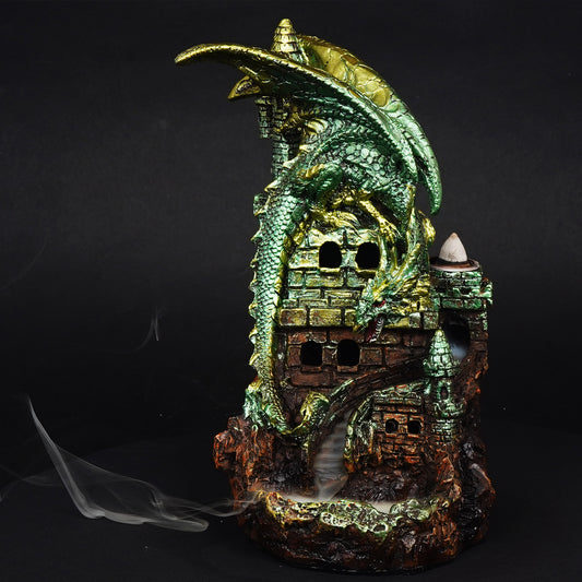 Green Dragon Backflow Incense Burner with LED 7.5" for Meditation & Home Décor