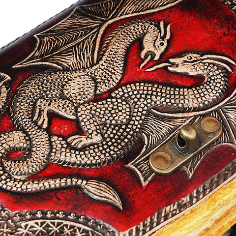 Handmade Red Double Dragon Embossed Leather Journal – 5 x 7 Inch Vintage Notebook with Aged Linen Parchment Paper | Unique Diary for Writing, Notes & Art