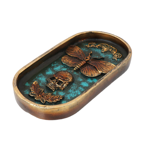 Moth and Skull Incense Burner – 6.5 x 3.5 Inch Hand-Painted Cold Cast Resin Holder