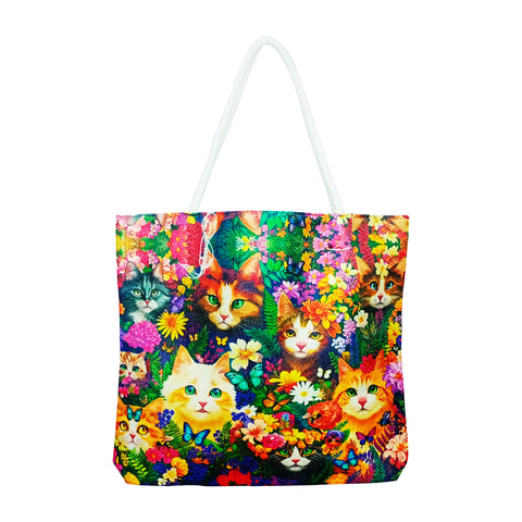 Flower Kitties Jute Tote Bag – 17 x 15 x 4.5 Inch Eco-Friendly Shopping Bag Stylish Cat-Themed Reusable