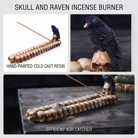 Skull and Raven Incense Burner – 11 Inch Hand-Painted Cold Cast Resin Holder for Stick Incense