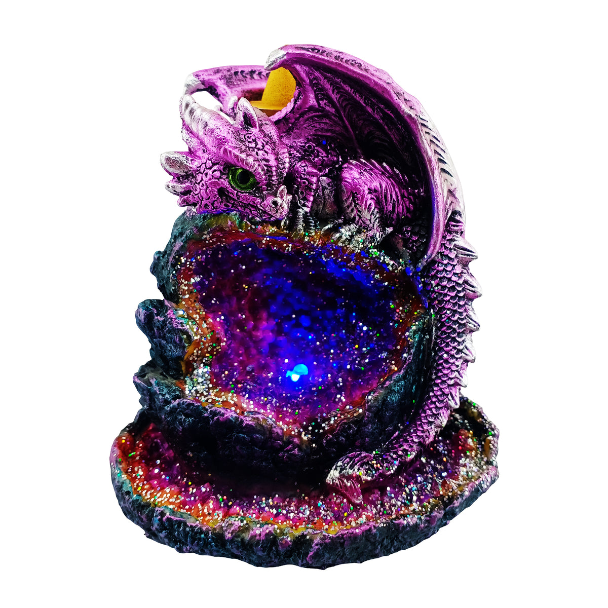 Purple Baby Dragon Backflow Incense Burner LED Geode 6" for Home Décor ,Yoga