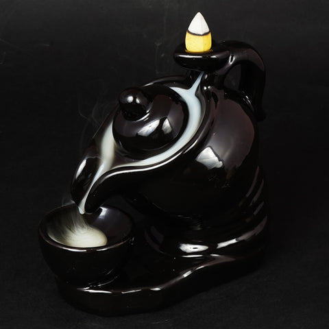 Black Ceramic Teapot Backflow Incense Burner | 5 Inches Tall