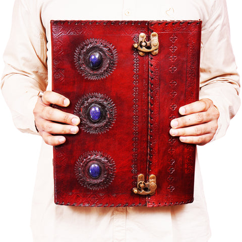 Large Triple Blue Stone Embossed Leather Journal – Handmade Leather-Bound Notebook with Double Swing Clasps