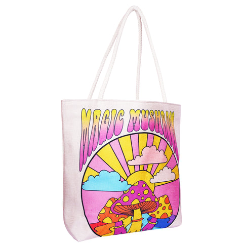 Magic Mushroom Techno Jute Tote Bag 17 x 15 x 4.5 Inch | Eco-Friendly Reusable Shopping Shoulder Bag