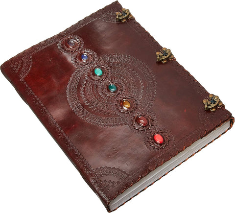 Massive Mystic Leather Journal with 7 Chakra Stones – 13.5 x 18 Inch Multicolor Handmade Writing Journal