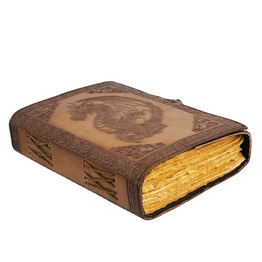 Dragon Embossed Leather Journal – 5 x 7 Inch Handmade Notebook with Aged Linen Parchment Paper