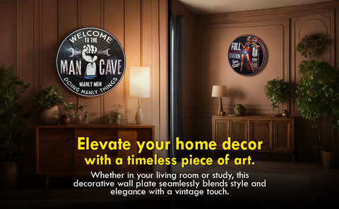 Man Cave Manly Decorative Wall Plate Premium Round Metal Vintage-16-Inch