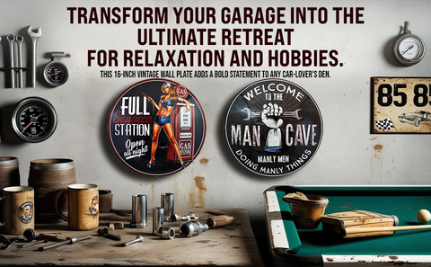 Man Cave Manly Decorative Wall Plate Premium Round Metal Vintage-16-Inch