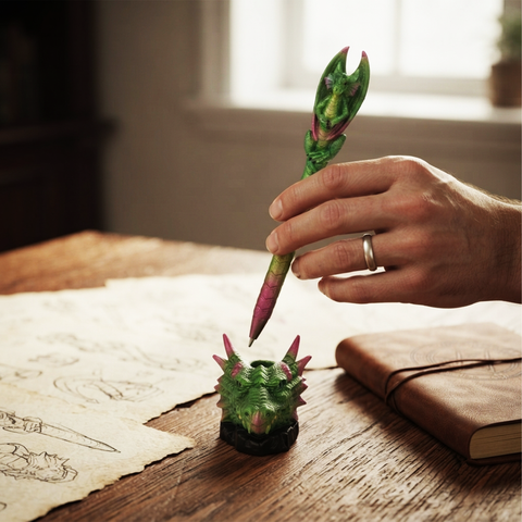 Green Dragon Pen in Dragon Head Base – Fantasy Dragon Desk Pen Holder