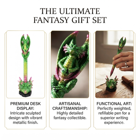Green Dragon Pen in Dragon Head Base – Fantasy Dragon Desk Pen Holder