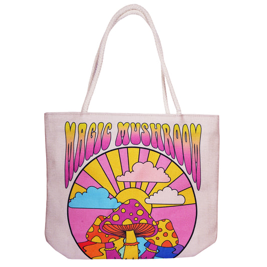 Magic Mushroom Techno Jute Tote Bag 17 x 15 x 4.5 Inch | Eco-Friendly Reusable Shopping Shoulder Bag