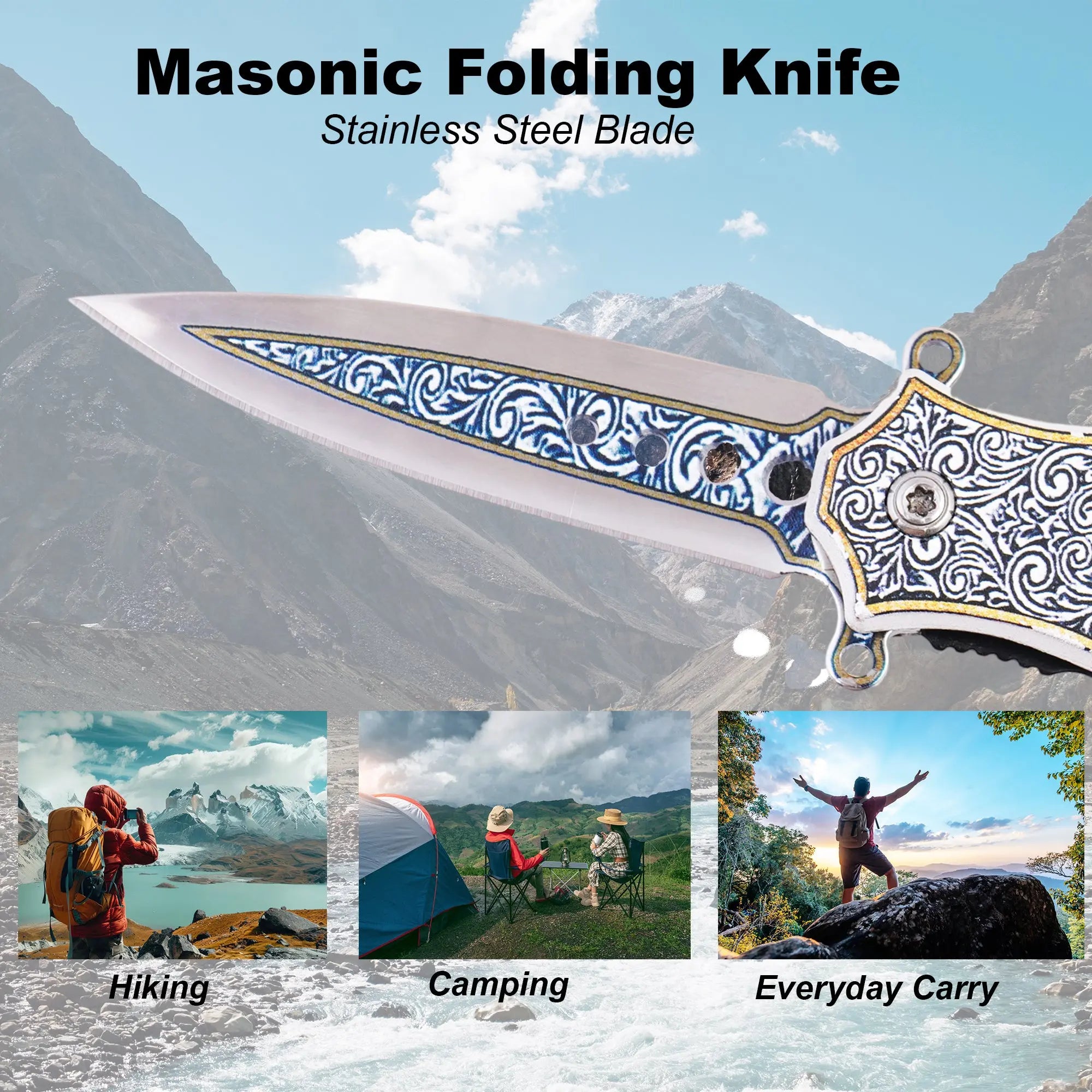 Masonic Folding Knife with Fidget Spinner, Crafted, Durable Tool with Engraved Masonic Emblems for Everyday Use, Ceremonial Purposes, & Collectors – Symbolizing Tradition & Craftsmanship Practical Design (Camo) Trendy Zone 21