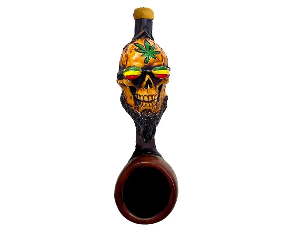 HANDMADE MINI SIZE LEAF SKULL STYLE PIPE. SKULL WITH RASTA COLORED (RED, YELLOW, AND GREEN) SUNGLASSES AND POT LEAF ON FOREHEAD Trendy Zone 21