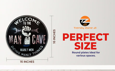 Man Cave Manly Decorative Wall Plate Premium Round Metal Vintage-16-Inch